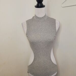 Rehab Women’s Gray Cut-Out Bodysuit Size Large NWT Ribbed Stretch Cotton Blend